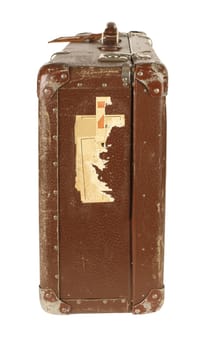 Old and worn retro suitcase isolated on white background - side view
