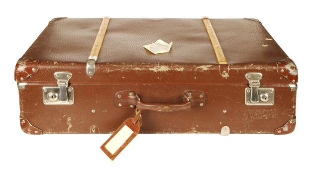 Old and worn retro suitcase isolated on white background