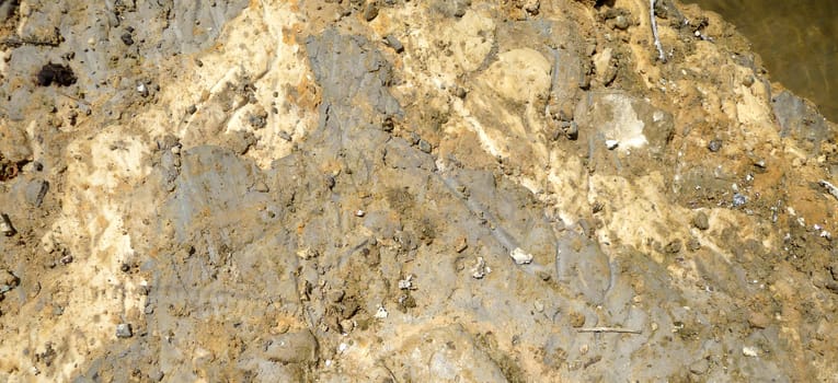 A abstract close up photograph of a bank of mud next to the water edge of a lake.