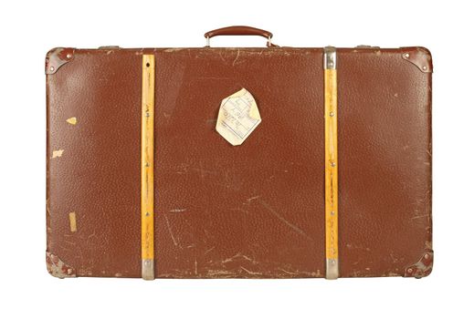 Old and worn retro suitcase isolated on white background