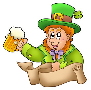 Banner with leprechaun holding beer - color illustration.