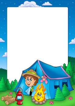 Frame with camping scout - color illustration.