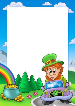 Frame with leprechaun driving car - color illustration.