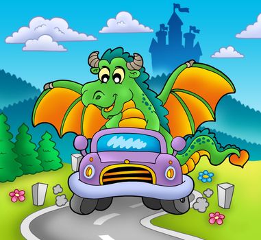 Green dragon driving car - color illustration.