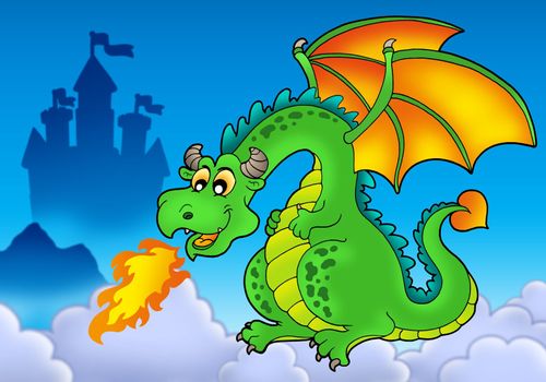 Green fire dragon with castle - color illustration.