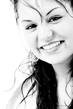 Young beauty girl smiling in black asnd white with high contrast
