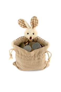Easter Bunny with a full bag of coins, isolated on a white background