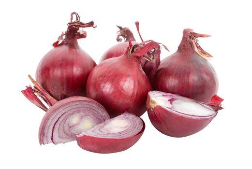 red onions full and peaces, isolated on white