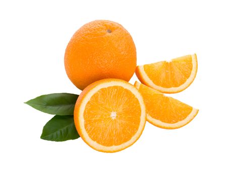 close-up ripe oranges with leaves, isolated on white