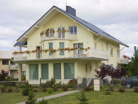 house, lawn, blue sky