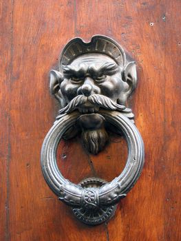 The metal door handle in the form of a ring on a wooden door