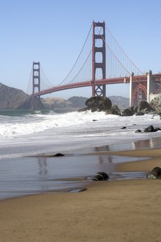 A shot of the Golden Gate Bridge taken from Baker Beach