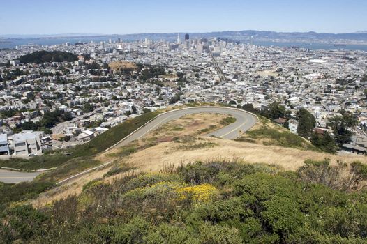 A shot of downtown San Francisco along Market Street taken from the top of Twin Peaks