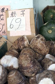 A shot of asian root vegetables at the chinatown market.