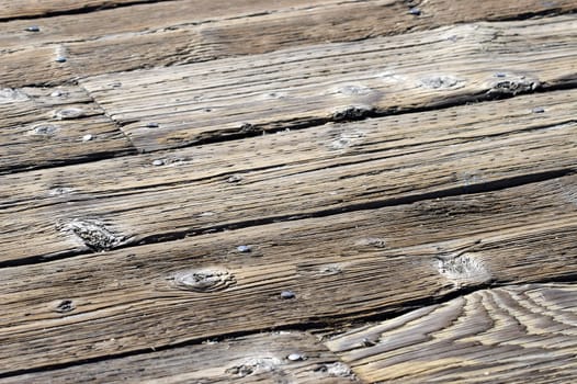 A close up shot of old wooden planks making up a peer.