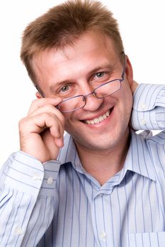 smiling man with glasses on a white background