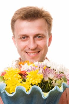 smiling man with flowers on a white background