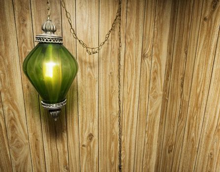 Groovy Wood Paneling and Hanging Green Lamp background