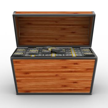 Open box with dollars on white background. Isolated 3D image.