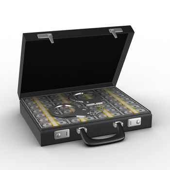 Criminal money in suitcase. Isolated 3D image
