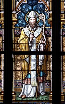 Detail of the color window - bullseye pane - lattice window. Public national monument - cathedral of St Vitus, Prague, Czech republic, Europe.