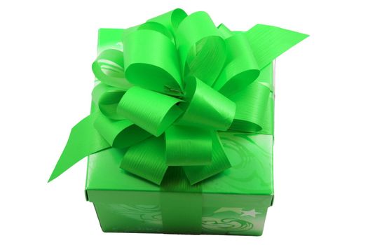 a green present with a green ribbon isolated on the white background