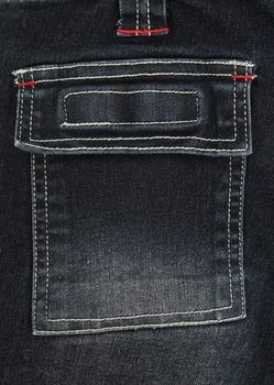 Closeup of square black denim jeans pocket.