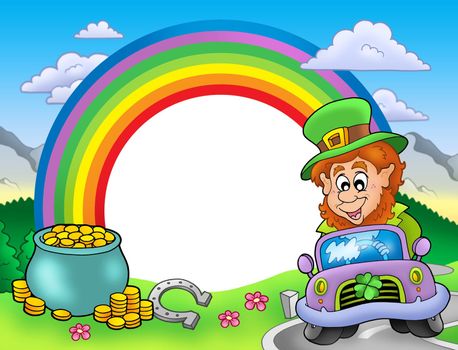 Rainbow frame with leprechaun in car - color illustration.