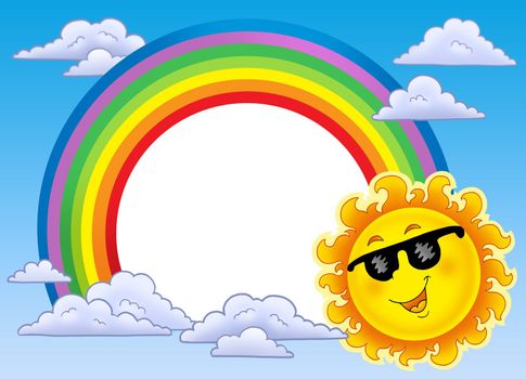 Rainbow frame with Sun in sunglasses - color illustration.