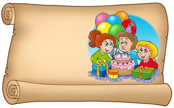 Scroll with celebrating kids - color illustration.