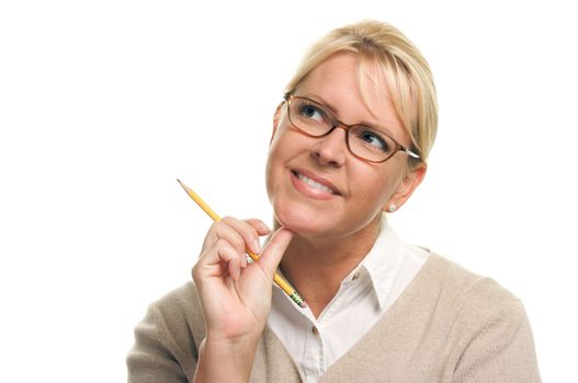 Beautiful Woman with Pencil Isolated on a White Background.