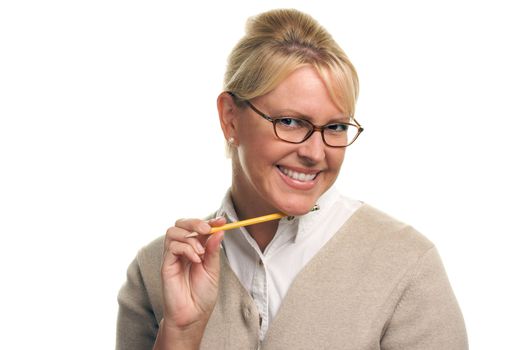 Beautiful Woman with Pencil Isolated on a White Background.