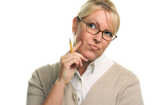 Beautiful Woman with Pencil Isolated on a White Background.