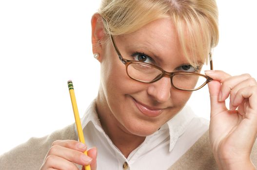 Beautiful Woman with Pencil Isolated on a White Background.