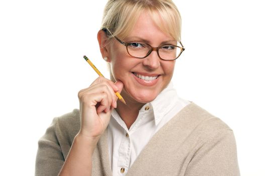 Beautiful Woman with Pencil Isolated on a White Background.