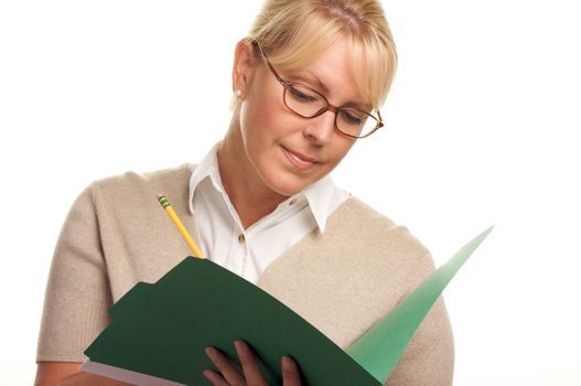 Beautiful Woman with Pencil and Folder taking notes.