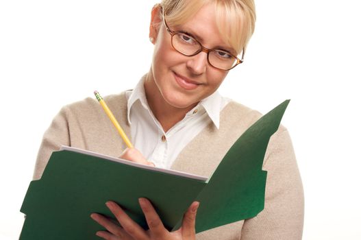 Beautiful Woman with Pencil and Folder taking notes.