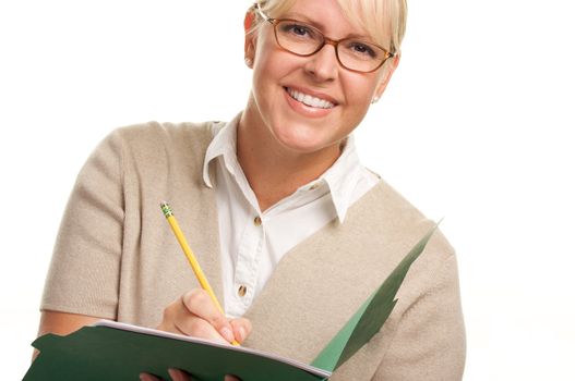 Beautiful Woman with Pencil and Folder taking notes.