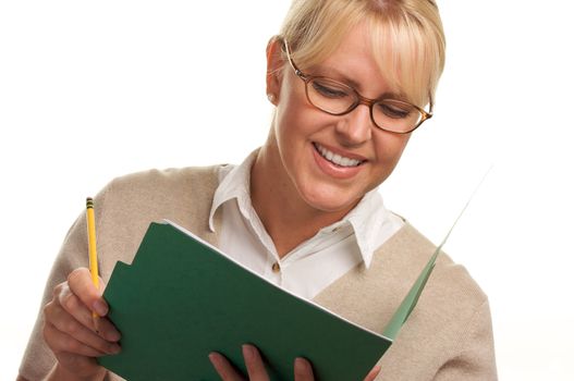 Beautiful Woman with Pencil and Folder taking notes.