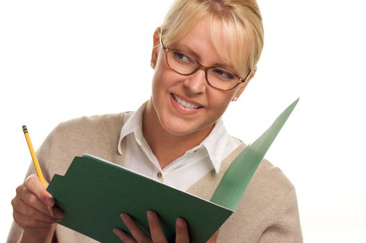 Beautiful Woman with Pencil and Folder taking notes.