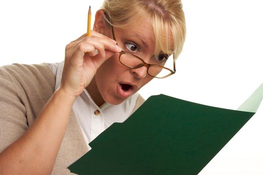 Beautiful Woman with Pencil and Folder taking notes.