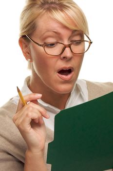 Beautiful Woman with Pencil and Folder taking notes.