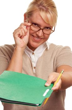 Beautiful Woman with Pencil handing over file folder isolated on White.