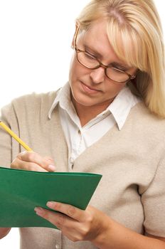 Beautiful Woman with Pencil and Folder taking notes.