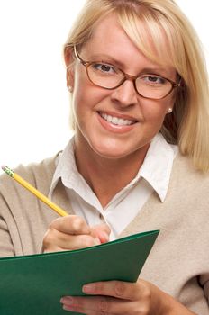 Beautiful Woman with Pencil and Folder taking notes.