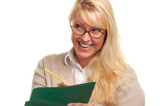 Beautiful Woman with Pencil and Folder taking notes.