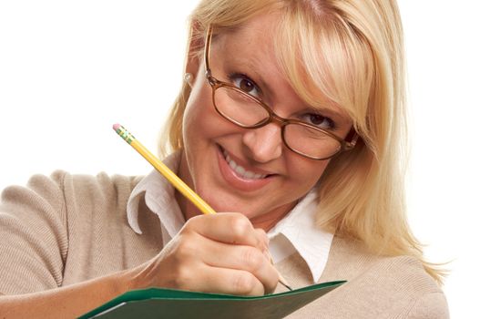 Beautiful Woman with Pencil and Folder taking notes.