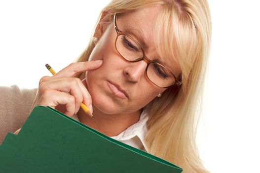 Beautiful Woman with Pencil and Folder taking notes.