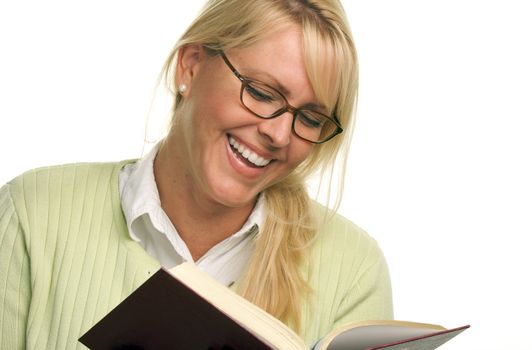 Attractive Woman Reading Isolated on a White Background.