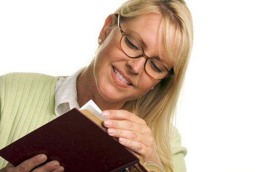 Attractive Woman Reading Isolated on a White Background.